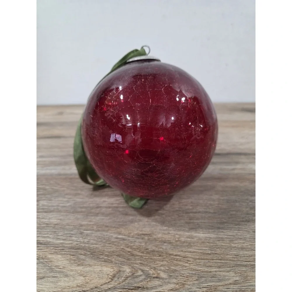 Large Ruby Red Vintage Kugel Style Crackle Glass Decorative Ornament Christmas